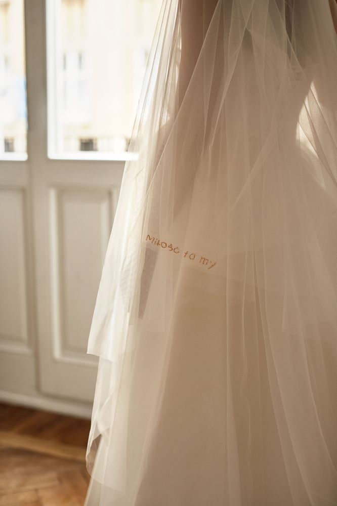 Tulle veil with blusher with pink beading  - Miłość to my Welony