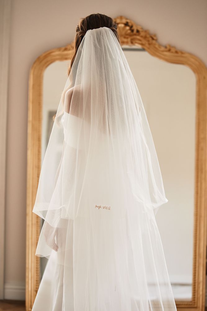 Tulle veil with blusher with pink beading  - Аsk biziz Welony