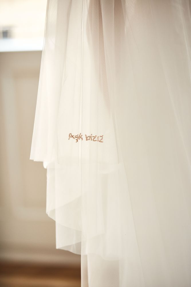 Tulle veil with blusher with pink beading  - Аsk biziz Welony